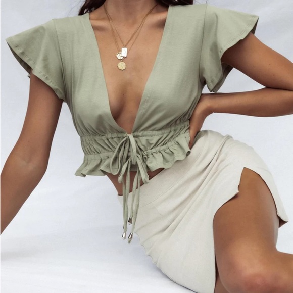 Princess Polly Tops - Princess Polly Jamison Reid Crop Top Khaki Green Tie top new